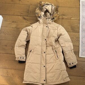 Women's Tan Orolay long puffer jacket coat with hood- NWT